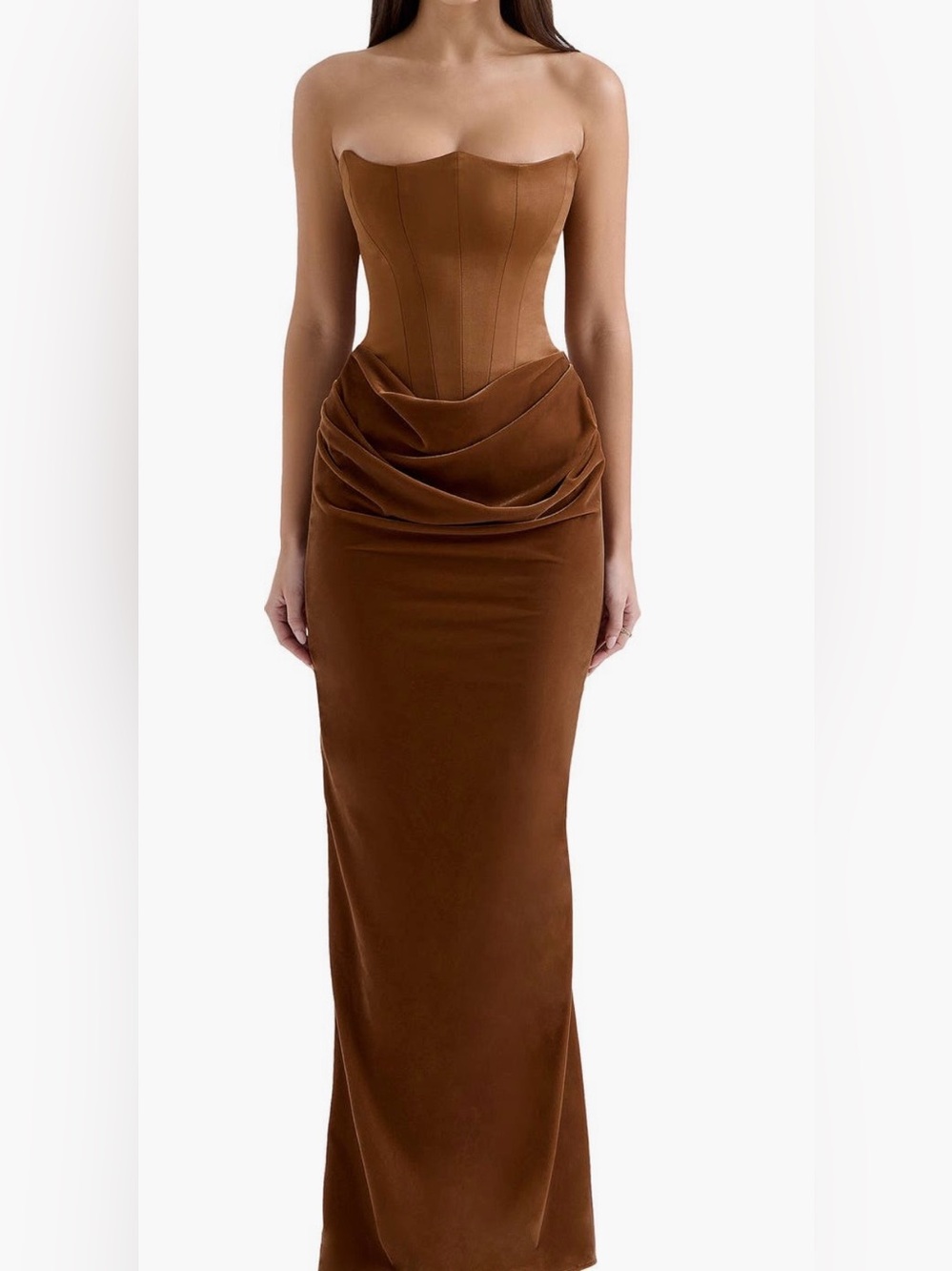 House of CB Persephone Strapless Corset Satin & Velvet Dress in Toffee $329